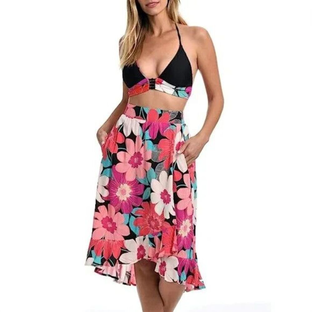 La Blanca womens Pink Floral In Full Bloom Long Midi Cover Up Skirt size XS $93